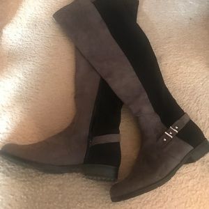 Gray and black suede knee-high boots